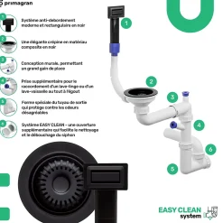 PRIMAGRAN Evier Sous Plan Tout Noir 36x47cm, Evier en Granit 1 bac + Kit de Vidage + Accessoires, Évier au meuble 40cm - Prague