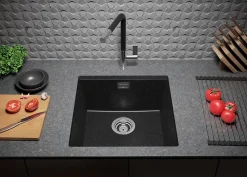 PRIMAGRAN Evier Sous Plan Graphite 46x47cm, Evier en Granit 1 bac + Kit de Vidage, Évier au meuble 50cm - London