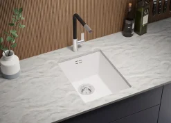 PRIMAGRAN Evier Sous Plan Blanc 36x47cm, Evier en Granit 1 bac + Kit de Vidage, Évier au meuble 40cm - London