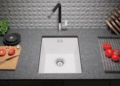 PRIMAGRAN Evier Sous Plan Blanc 36x47cm, Evier en Granit 1 bac + Kit de Vidage, Évier au meuble 40cm - London