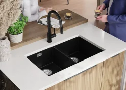 PRIMAGRAN Evier Sous Plan Noir 76x47cm, Evier en Granit 2 bacs + Kit de Vidage, Évier au meuble 80cm - London Twin