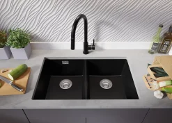 PRIMAGRAN Evier Sous Plan Noir 76x47cm, Evier en Granit 2 bacs + Kit de Vidage, Évier au meuble 80cm - London Twin