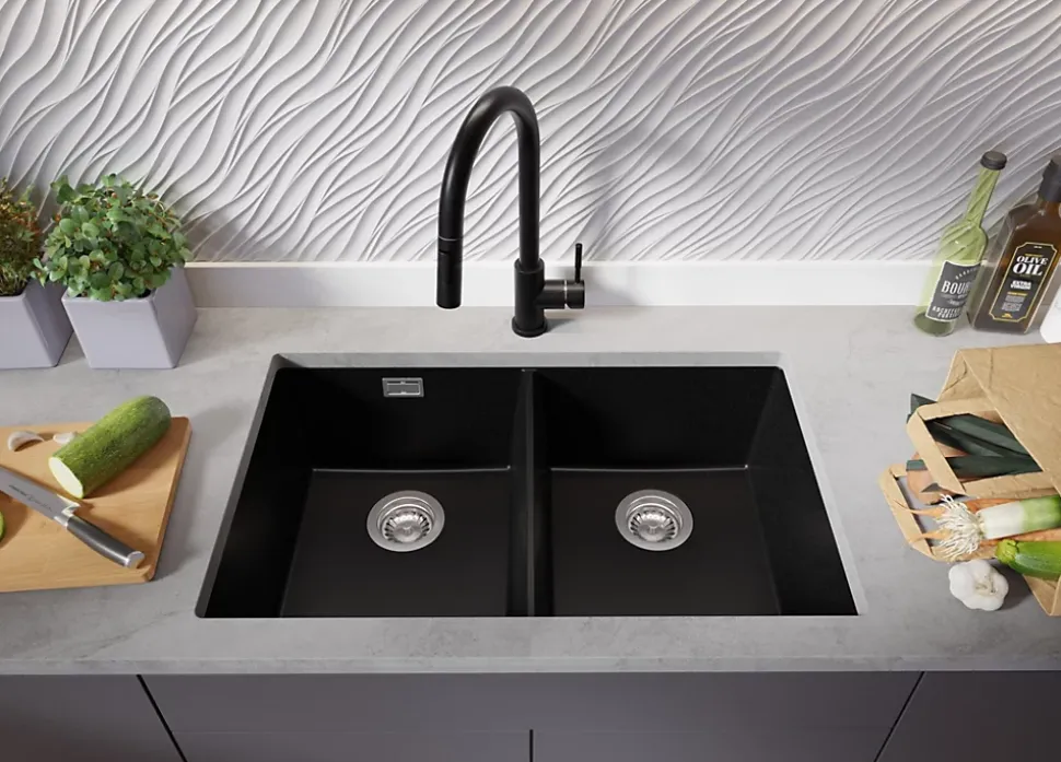 PRIMAGRAN Evier Sous Plan Noir 76x47cm, Evier en Granit 2 bacs + Kit de Vidage, Évier au meuble 80cm - London Twin