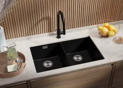 PRIMAGRAN Evier Sous Plan Noir 76x47cm, Evier en Granit 2 bacs + Kit de Vidage, Évier au meuble 80cm - London Twin