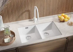 PRIMAGRAN Evier Sous Plan Blanc 76x47cm, Evier en Granit 2 bacs + Kit de Vidage, Évier au meuble 80cm - London Twin