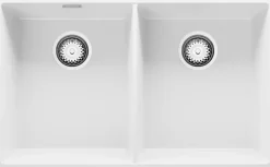 PRIMAGRAN Evier Sous Plan Blanc 76x47cm, Evier en Granit 2 bacs + Kit de Vidage, Évier au meuble 80cm - London Twin