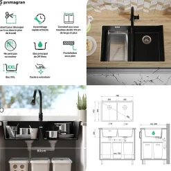 PRIMAGRAN Evier Sous Plan Blanc 76x47cm, Evier en Granit 2 bacs + Kit de Vidage, Évier au meuble 80cm - London Twin