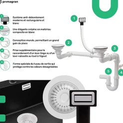 PRIMAGRAN Evier Sous Plan Tout Blanc 56x47cm, Evier en Granit 1,5 bacs + Kit de Vidage, Évier au meuble 60cm - London Duo