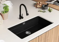 PRIMAGRAN Evier Sous Plan Noir 86x47cm, Evier en Granit 1 bac + Kit de Vidage + Accessoires, Évier au meuble 90cm - Prague