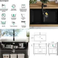 PRIMAGRAN Evier Sous Plan Noir 86x47cm, Evier en Granit 1 bac + Kit de Vidage + Accessoires, Évier au meuble 90cm - Prague