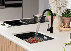 PRIMAGRAN Evier Sous Plan Noir 86x47cm, Evier en Granit 1 bac + Kit de Vidage + Accessoires, Évier au meuble 90cm - Prague