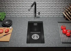 PRIMAGRAN Evier Sous Plan Graphite 26x47cm, Evier en Granit 1 bac + Kit de Vidage, Évier au meuble 30cm - London