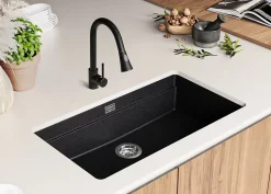 PRIMAGRAN Evier Sous Plan Graphite 86x47cm, Evier en Granit 1 bac + Kit de Vidage + Accessoires, Évier au meuble 90cm - Prague