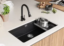 PRIMAGRAN Evier Sous Plan Graphite 86x47cm, Evier en Granit 1 bac + Kit de Vidage + Accessoires, Évier au meuble 90cm - Prague