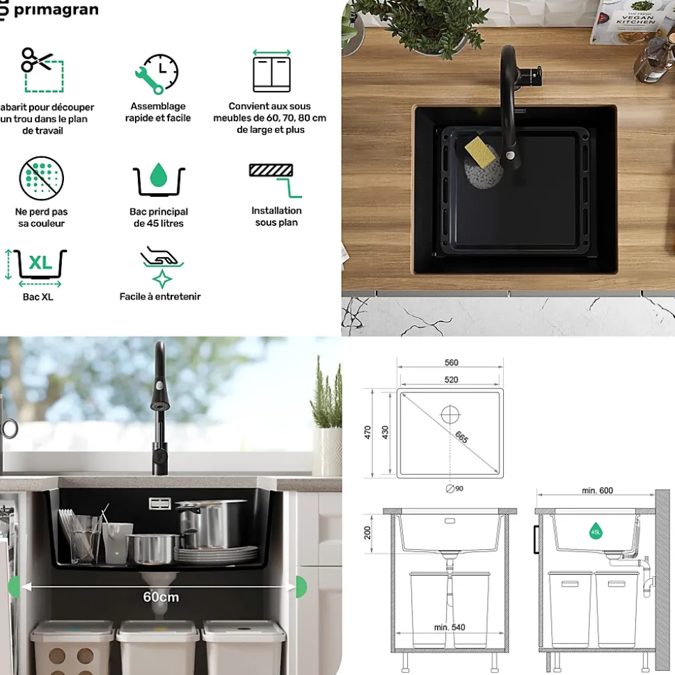 PRIMAGRAN Evier Sous Plan Noir Métallisé 56x47cm, Evier en Granit 1 bac + Kit de Vidage, Évier au meuble 60cm - London