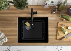 PRIMAGRAN Evier Sous Plan Noir Métallisé 56x47cm, Evier en Granit 1 bac + Kit de Vidage, Évier au meuble 60cm - London