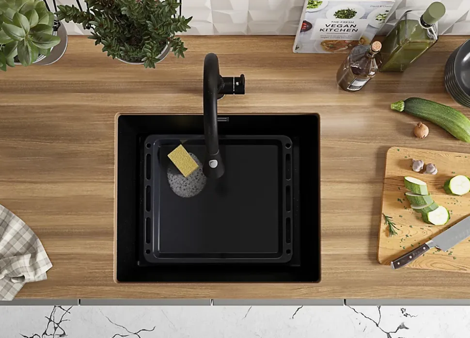 PRIMAGRAN Evier Sous Plan Noir Métallisé 56x47cm, Evier en Granit 1 bac + Kit de Vidage, Évier au meuble 60cm - London