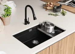 PRIMAGRAN Evier Sous Plan Tout Noir 76x47cm, Evier en Granit 1 bac + Kit de Vidage + Accessoires, Évier au meuble 80cm - Prague