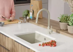 PRIMAGRAN Evier Sous Plan Beige 56x44cm, Evier en Granit 1 bac + Kit de Vidage, Évier au meuble 60cm - Venise Easy