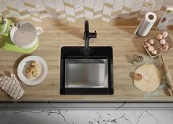 PRIMAGRAN Evier Sous Plan Tout Noir 46x44cm, Evier en Granit 1 bac + Kit de Vidage, Évier au meuble 50cm - Venise Easy