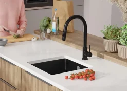 PRIMAGRAN Evier Sous Plan Tout Noir 46x44cm, Evier en Granit 1 bac + Kit de Vidage, Évier au meuble 50cm - Venise Easy