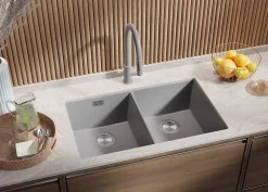 PRIMAGRAN Evier Sous Plan Gris 76x47cm, Evier en Granit 2 bacs + Kit de Vidage, Évier au meuble 80cm - London Twin