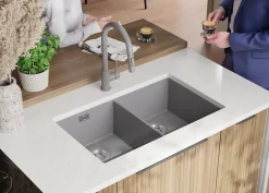 PRIMAGRAN Evier Sous Plan Gris 76x47cm, Evier en Granit 2 bacs + Kit de Vidage, Évier au meuble 80cm - London Twin