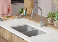 PRIMAGRAN Evier Sous Plan Gris 76x47cm, Evier en Granit 2 bacs + Kit de Vidage, Évier au meuble 80cm - London Twin