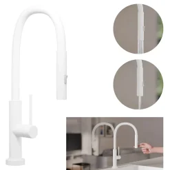 PRIMAGRAN Robinet de cuisine 6030, Robinet d'évier rotation 360 degrés, Robinet haute pression, avec bec flexible FLEX, Blanc