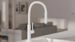 PRIMAGRAN Robinet de cuisine 6030, Robinet d'évier rotation 360 degrés, Robinet haute pression, avec bec flexible FLEX, Blanc