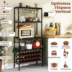 Range Bouteille 75x33x165 CM avec Multiprise USB-C/A, Rangement Casier à Vin, Cuisine, Salon, Bar, Charge 70 KG