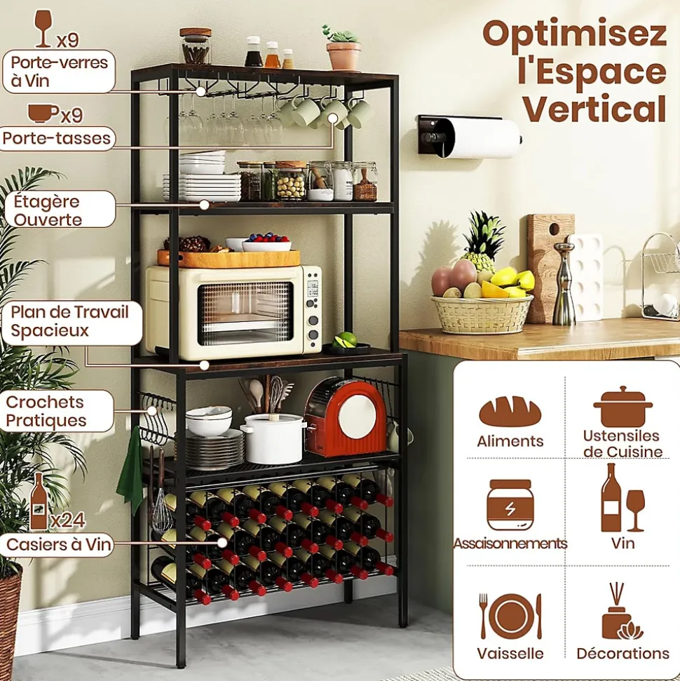 Range Bouteille 75x33x165 CM avec Multiprise USB-C/A, Rangement Casier à Vin, Cuisine, Salon, Bar, Charge 70 KG