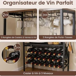Range Bouteille 75x33x165 CM avec Multiprise USB-C/A, Rangement Casier à Vin, Cuisine, Salon, Bar, Charge 70 KG