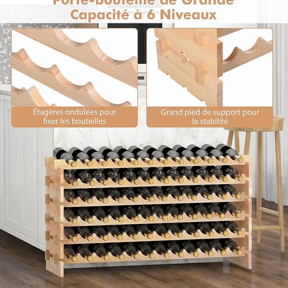 Range Bouteilles en Pin Massif 72 Compartiments sur 6 Niveaux 119 x 29 x 71.5CM Bois Naturel