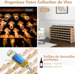Range Bouteilles en Pin Massif 72 Compartiments sur 6 Niveaux 119 x 29 x 71.5CM Bois Naturel