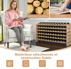 Range Bouteilles en Pin Massif 72 Compartiments sur 6 Niveaux 119 x 29 x 71.5CM Bois Naturel