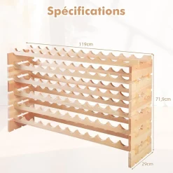 Range Bouteilles en Pin Massif 72 Compartiments sur 6 Niveaux 119 x 29 x 71.5CM Bois Naturel