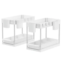 Rangement sous evier- Étagère cuisine - Blanc - 2 niveaux et tiroir Lot de 2