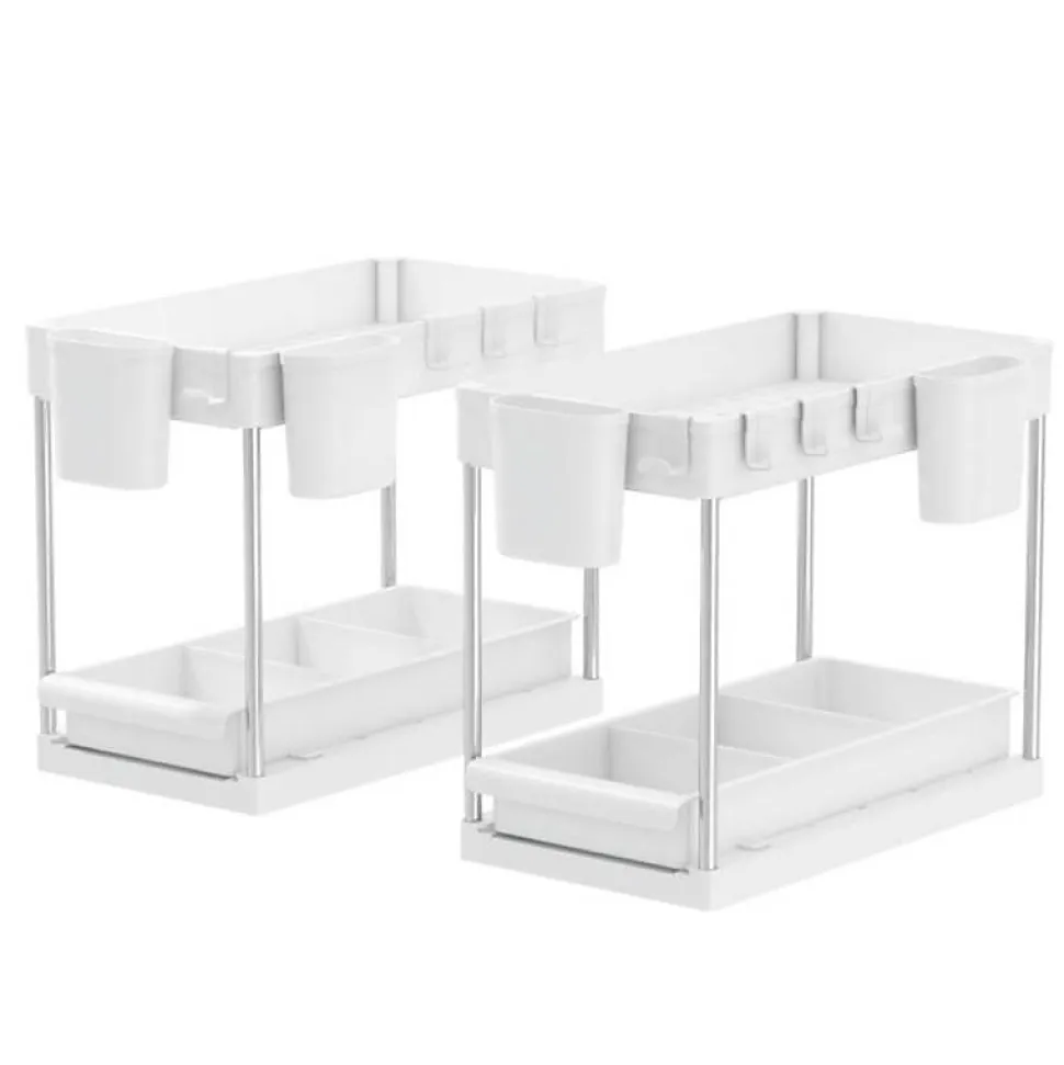 Rangement sous evier- Étagère cuisine - Blanc - 2 niveaux et tiroir Lot de 2