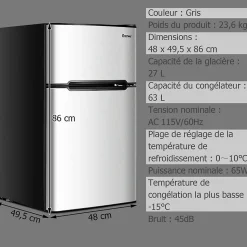 Refrigerateur 90 L Combine Refrigerateur 63L avec Temperature Reglable Congelateur 27L