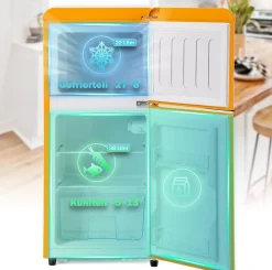 Réfrigérateur combiné 60L, double porte, congélateur 22L, classe E, -27C à 13C, jaune