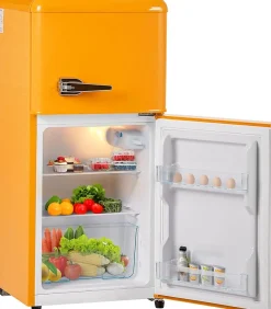 Réfrigérateur combiné 60L, double porte, congélateur 22L, classe E, -27C à 13C, jaune