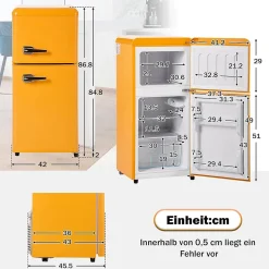 Réfrigérateur combiné 60L, double porte, congélateur 22L, classe E, -27C à 13C, jaune