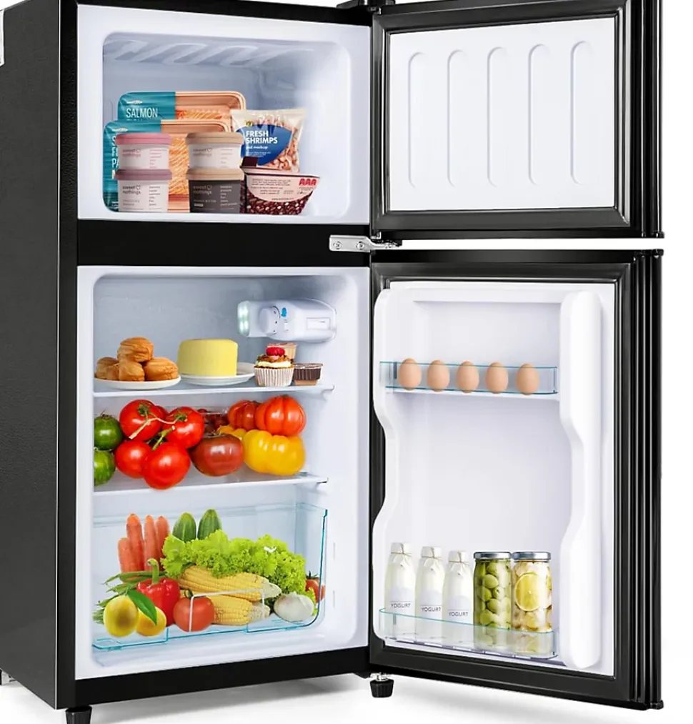 Réfrigérateur combiné 60L, double porte, congélateur 22L, classe E, 27C à 13C, noir