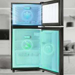 Réfrigérateur combiné 60L, double porte, congélateur 22L, classe E, 27C à 13C, noir