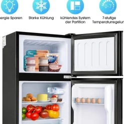 Réfrigérateur combiné 60L, double porte, congélateur 22L, classe E, 27C à 13C, noir