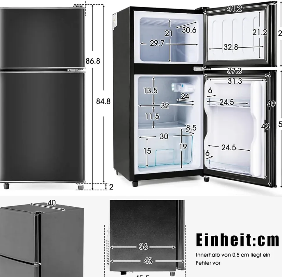 Réfrigérateur combiné 60L, double porte, congélateur 22L, classe E, 27C à 13C, noir