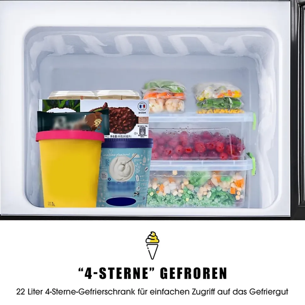 Réfrigérateur combiné 60L, double porte, congélateur 22L, classe E, 27C à 13C, noir