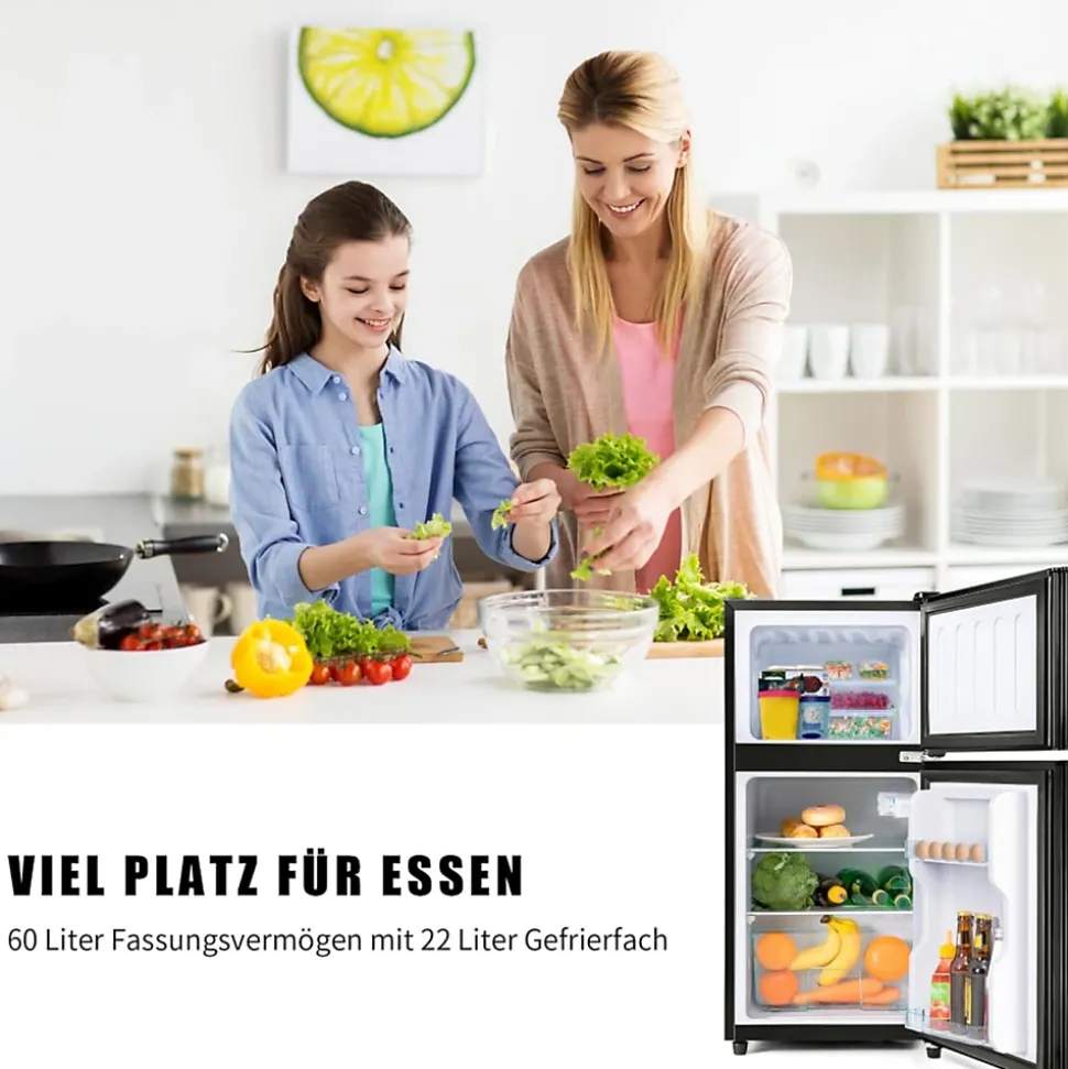 Réfrigérateur combiné 60L, double porte, congélateur 22L, classe E, 27C à 13C, noir
