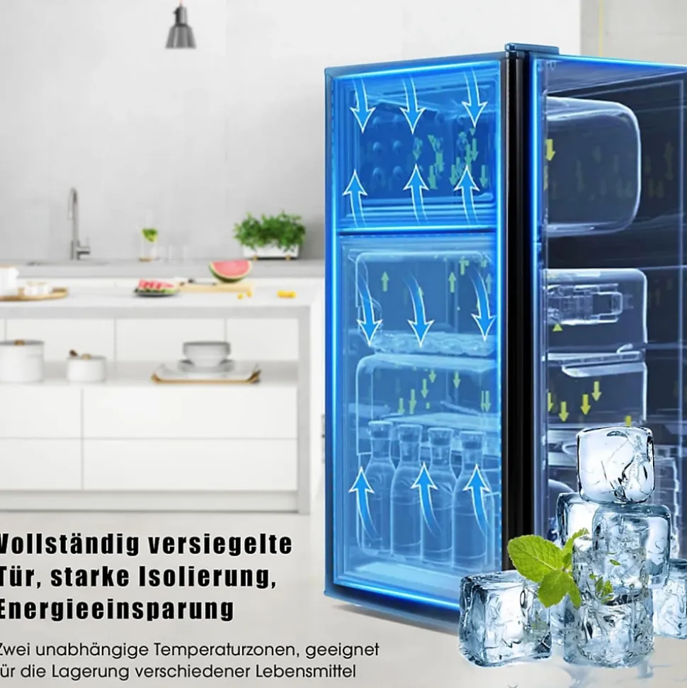 Réfrigérateur combiné 60L, double porte, congélateur 22L, classe E, 27C à 13C, noir